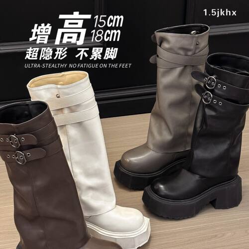 一点五增高18-15CM女士两穿靴子2025年秋冬经典真皮黑色圆头女鞋