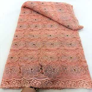 Nigerian lace fabric尼日利亚蕾丝面料镂空花朵烫钻连衣裙绣花布