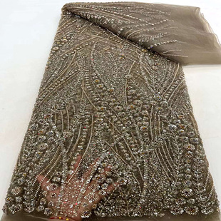 现货重工时尚服装布料lace钉珠蕾丝面料闪亮管珠绣花婚纱礼服布料