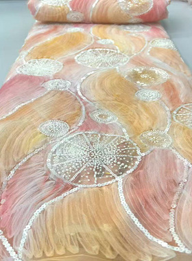 新品重磅珠管亮片网纱盘花刺绣蕾丝布料礼服面料fabic lace 5yard