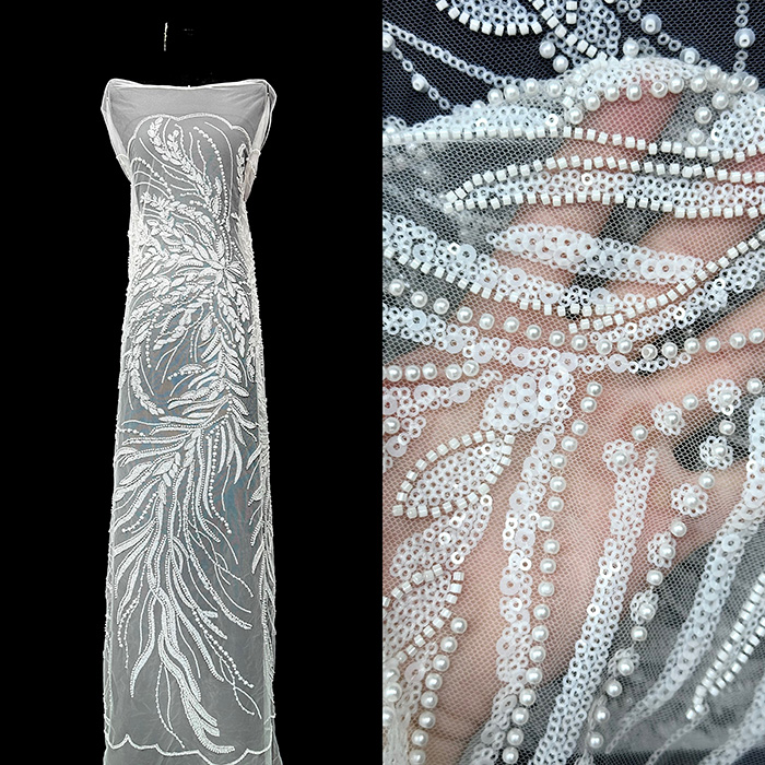 新款条纹珠子绣亮片绣网纱布料婚纱礼服舞台服连衣裙绣花面料lace