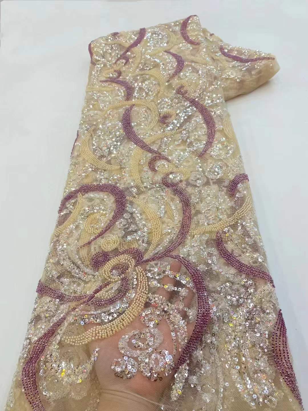 菱格网非洲亮片网纱蕾丝珠管绣花婚纱礼服面料Sequin Lace Fabric