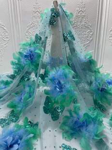 蝴蝶大羽毛绣花蕾丝布料婚纱礼服服装 新款 网纱花朵饰花边布料面料