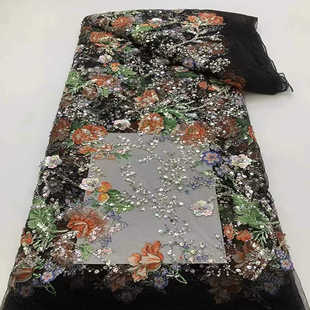 复古立体贴花多色绣亮片管珠蕾丝面料 连衣裙礼服女装网纱绣花布