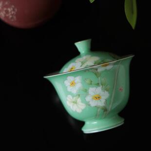 春波照影 原创设计 景德镇手绘盖碗 雅绿色地水仙盖碗 经典手工艺