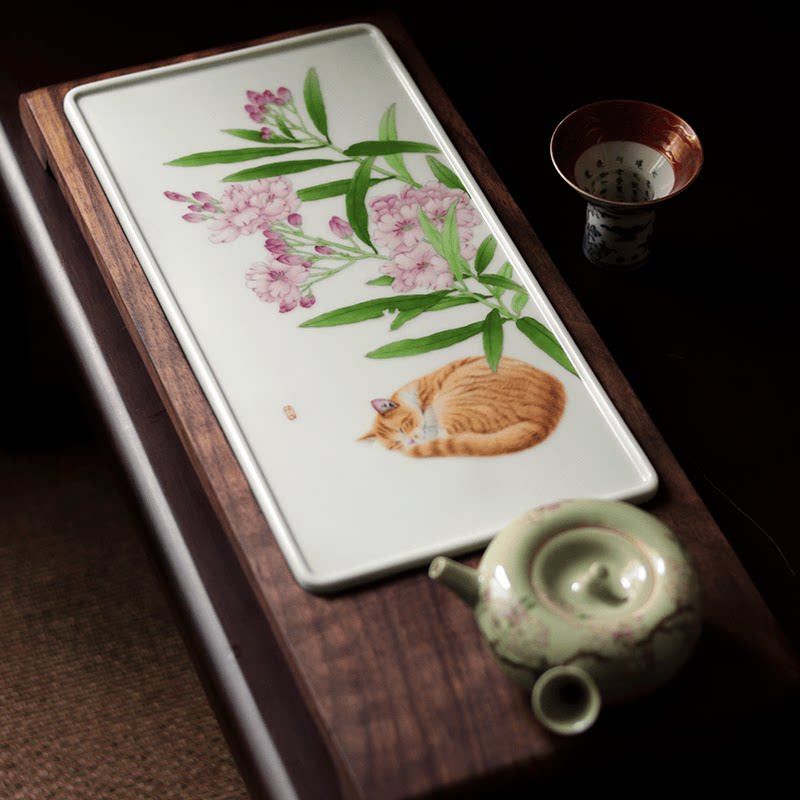 七月长 原创设计 景德镇手绘 猫咪夹竹桃瓷盘 黑胡桃木托壶承