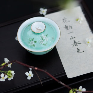 南风知我意 工笔手绘梨花小鹿颜色釉盖碗 茶杯