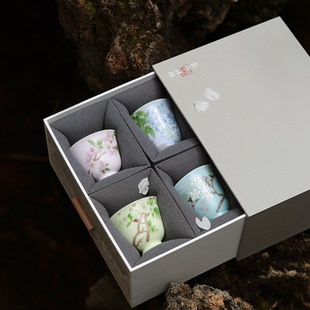 写生手绘花卉薄胎颜色釉主人杯 春风如贵客 景德镇四杯套组
