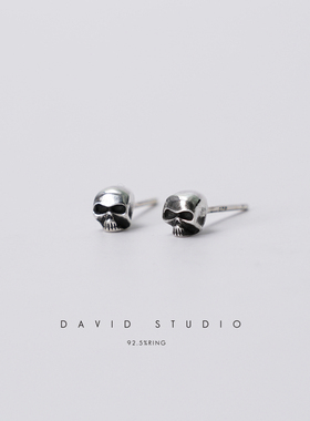 David studio925纯银手工迷你骷髅头耳钉朋克机车男女同款munchen