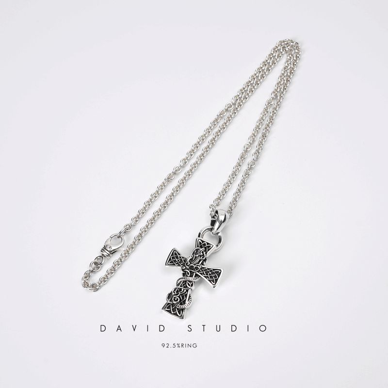 David studio925纯银十字架图腾花纹环形粗项链 男女同款情侣潮流