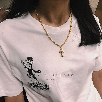 925纯银镀金项链十字架情侣情侣