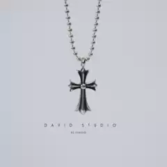David Studio925 Sterling Silver Cross Trendy Handmade Bead Necklace Pendant Unisex Biker Style
