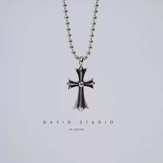 David Studio925 Sterling Silver Cross Trendy Handmade Bead Necklace Pendant Unisex Biker Style