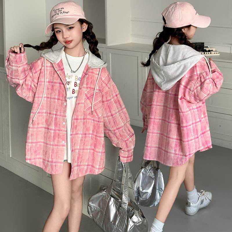 女童春款衬衫外套2025新款儿童宽松连帽格子开衫小孩春秋洋气上衣