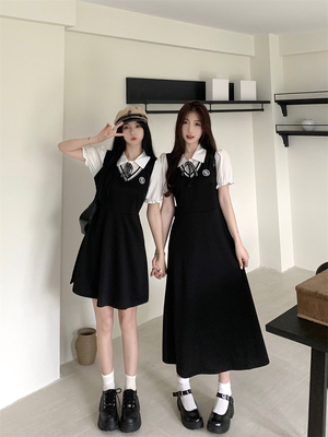 学院风A字裙聚酯纤维假两件