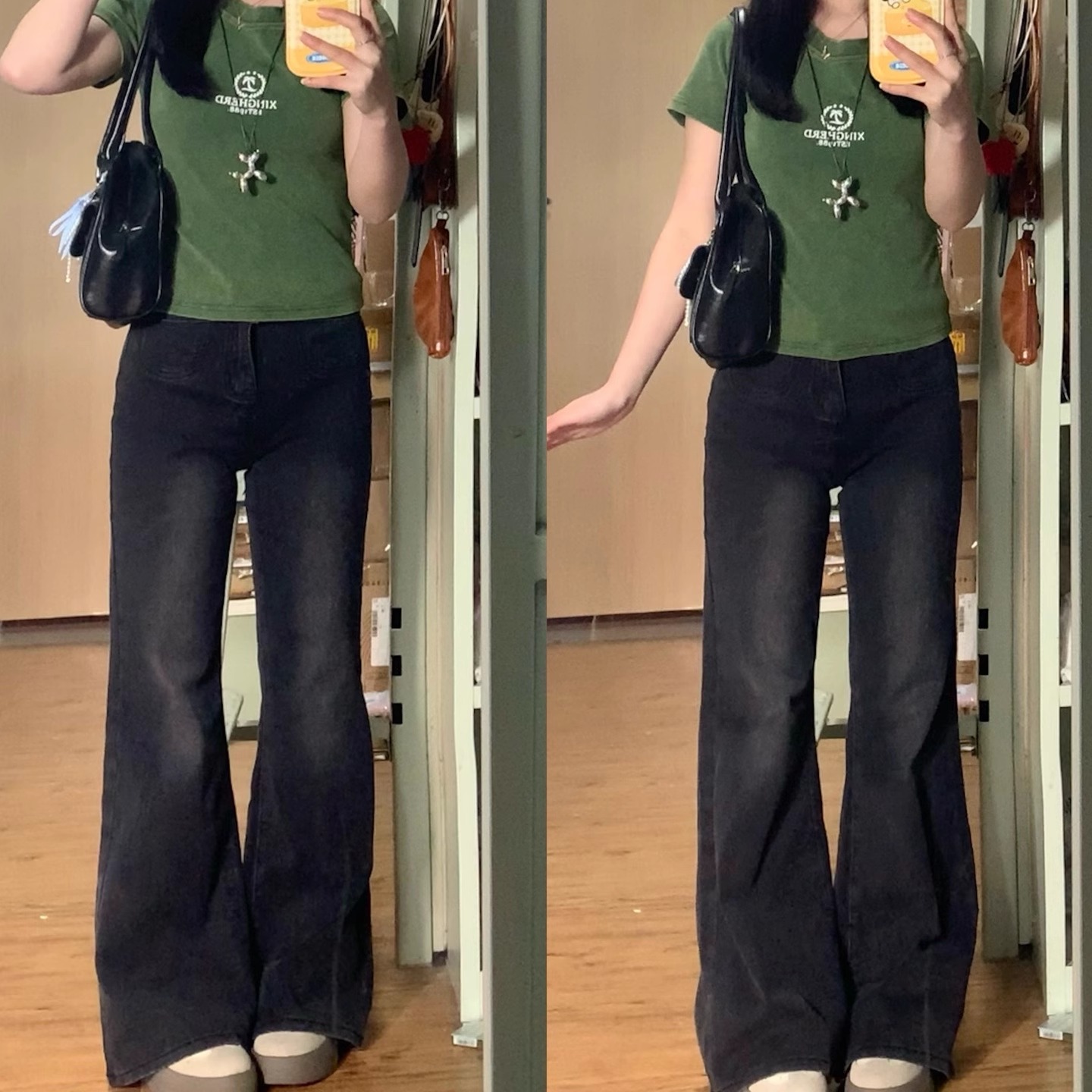 微喇黑灰弹力渐变牛仔女