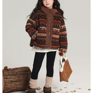 韩版费尔岛风连帽外套女童秋冬加厚保暖拉链毛毛衣外套