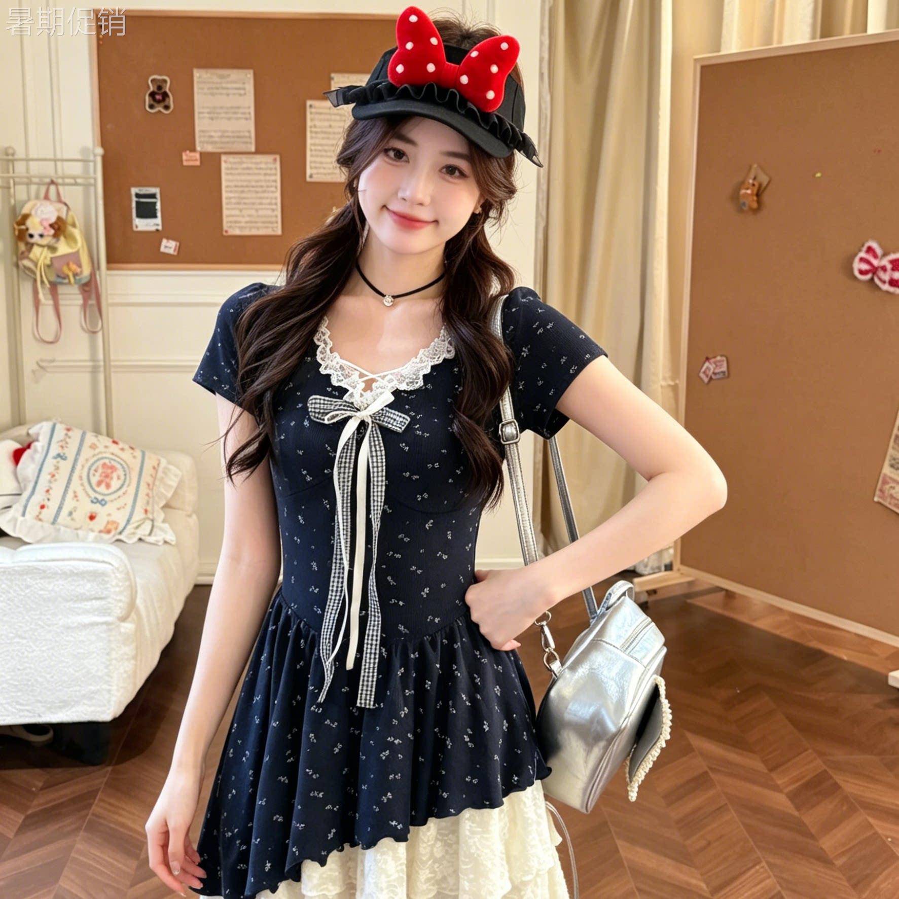 夏日绝美小洋装女2026新款海边度假蕾丝拼接假两件蛋糕碎花裙子