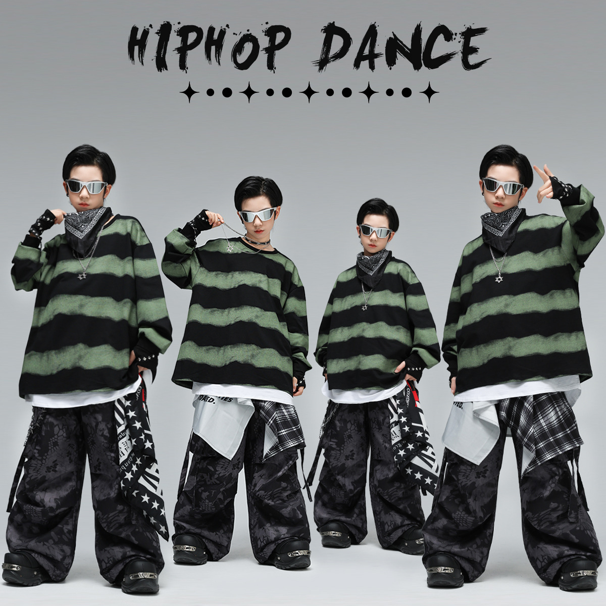 儿童街舞潮服潮酷男童hiphop条纹卫衣嘻哈少儿架子鼓表演出服时髦