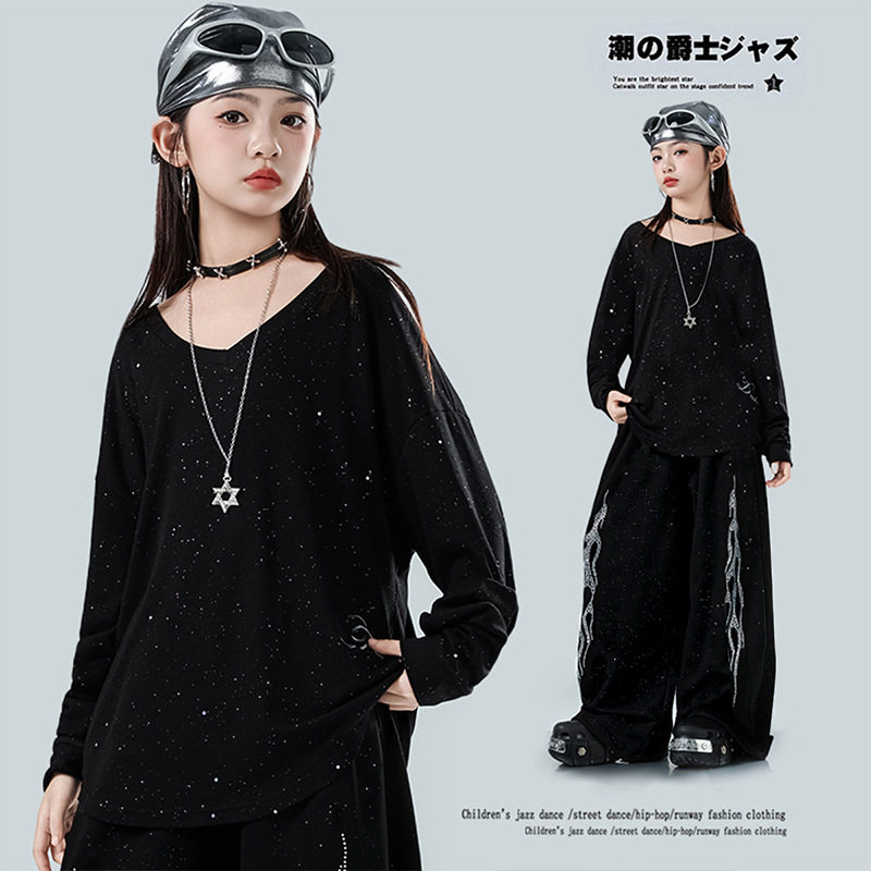 儿童街舞女童爵士舞服套装jazz黑色长袖黑色运动裤团体表演出潮服