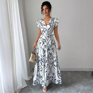 short neck 系带连衣裙 dress 女士印花V领短袖 sleeved Printed