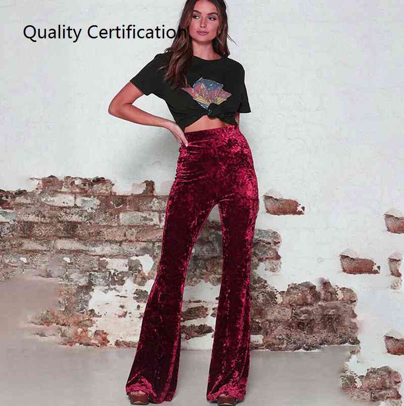 Trousers Lady Casual Velour Red Black Bell Bottom Pants