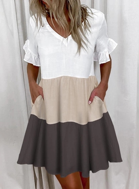 Patchwork Dresses Loose Pocket Casual Beach Party拼布连衣裙