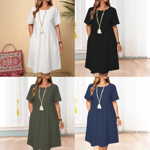 neck round color 连衣裙 sleeved dress纯色圆领短袖 short Solid