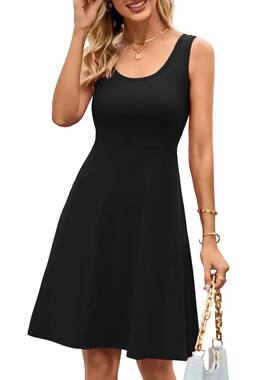 Women's round neck sleeveless dress女士纯色圆领无袖A字连衣裙