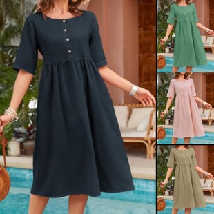 neck 连衣裙女 Solid round dress 纯色圆领中袖 sleeve color mid