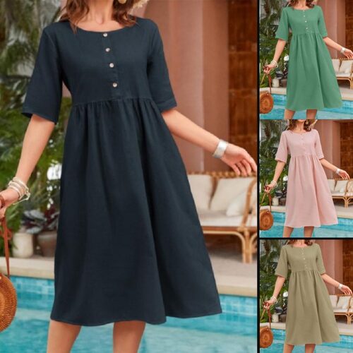 Solid color round neck mid sleeve dress 纯色圆领中袖连衣裙女