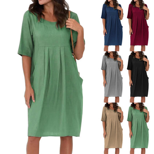 Solid color round neck mid sleeve dress 纯色圆领中袖连衣裙女