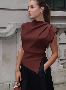 Women's solid color pleated round neck top纯色褶皱圆领上衣女