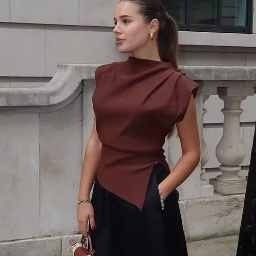 Women's solid color pleated round neck top纯色褶皱圆领上衣女