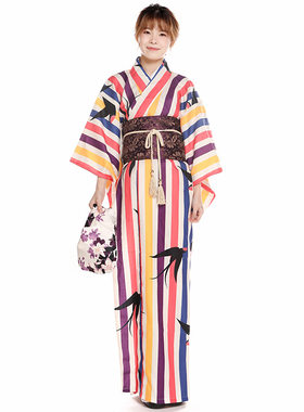 跨境日本和服女传统条纹改良版抗皱免熨烫可水洗夏日祭和服浴衣
