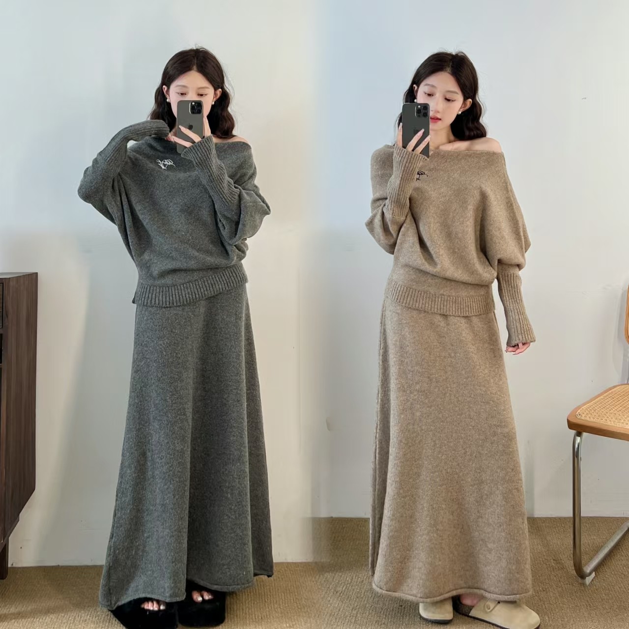 大码女装 秋季新款休闲针织上衣女斜肩两件套装一字肩+半身裙套装,女装/女士精品,大码套装,淘宝优惠券,粉丝福利购,淘宝优惠卷