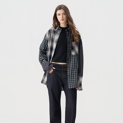 EEP复古格纹拼接长袖衬衫宽松廓形休闲上衣春秋外套