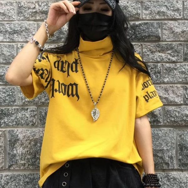 高领纯棉夏季短袖T恤女大码宽松休闲字母印花百搭简约减龄上衣潮