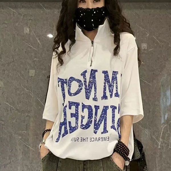 夏季克莱因蓝色短袖t恤女纯棉美式时尚字母立领宽松显瘦休闲上衣