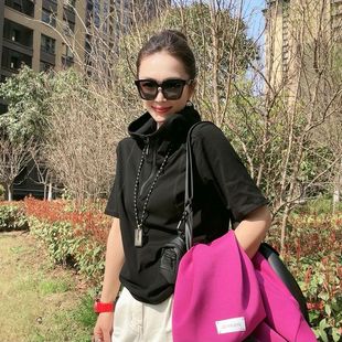 休闲上衣潮牌 欧货连帽2025年夏季 纯色短袖 T恤女修身 百搭减龄韩版