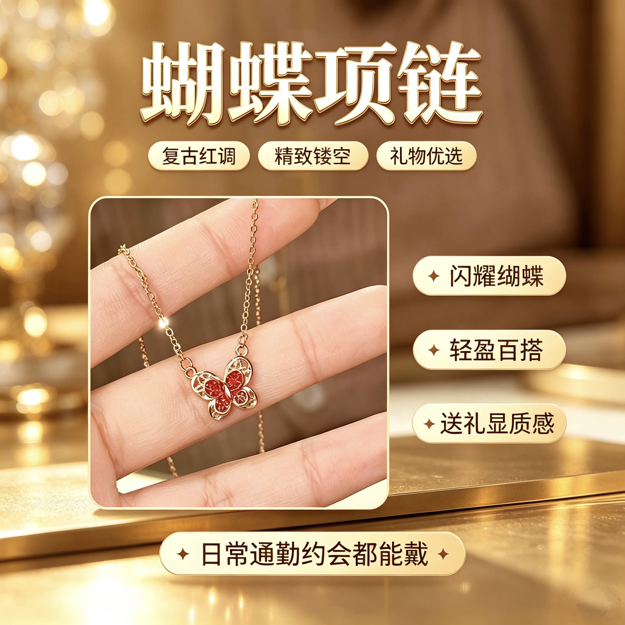 复古红蝴蝶项链小众氛围感锁骨链