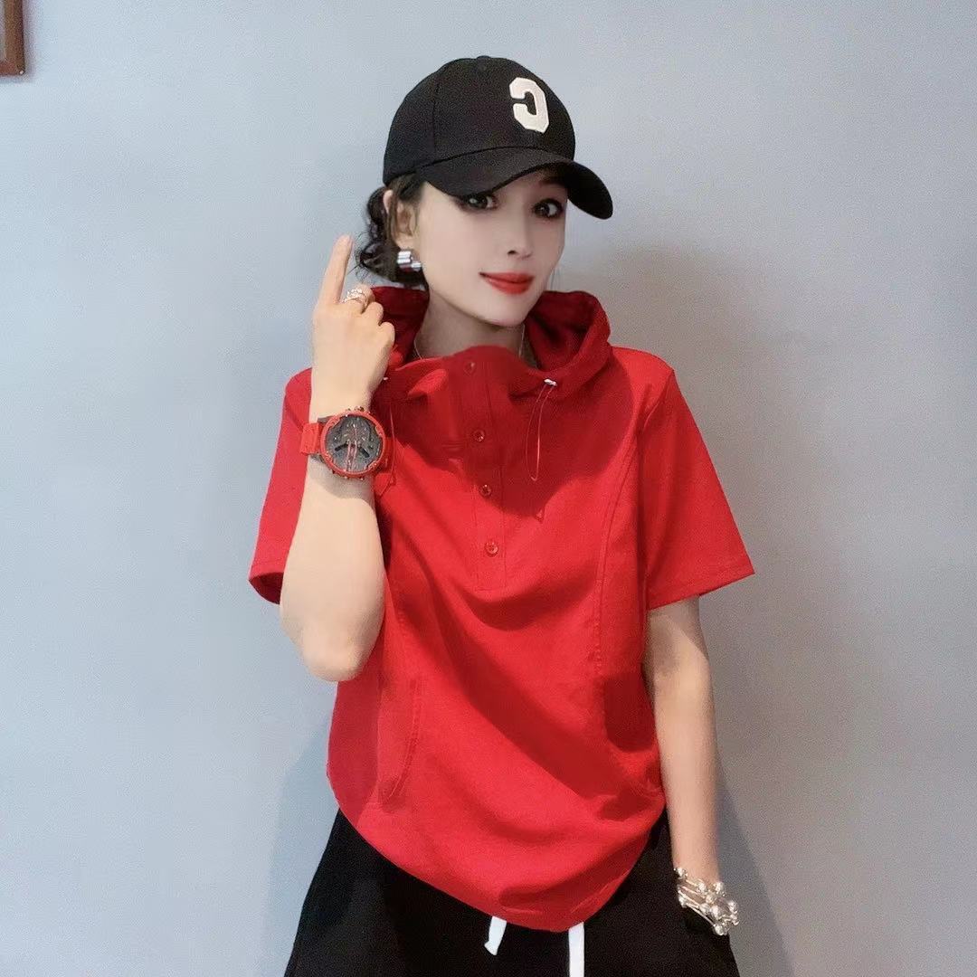 纯棉连帽短袖t恤女2025新款夏季红色洋气显瘦宽松百搭纯色上衣潮