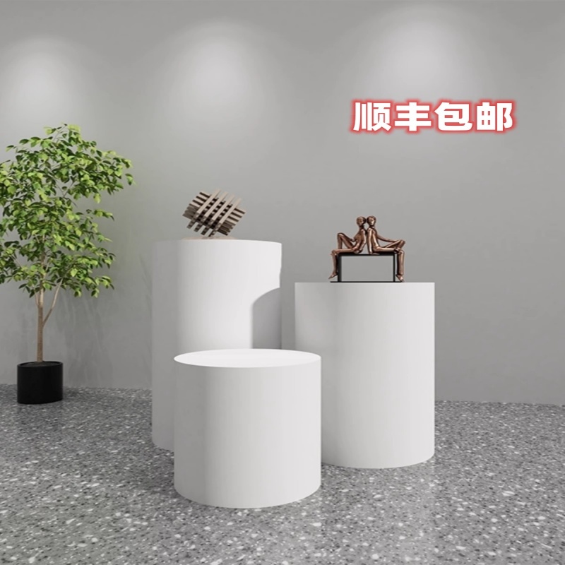 白色烤漆圆柱地台展示台手办摆件底座增高台圆形摆台模特直播地台