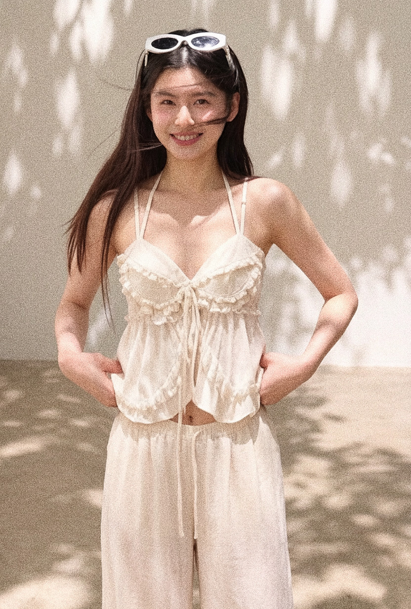 recaldid 白色小众法式浪漫x型蕾丝拼接木耳边少女显瘦T恤吊带衫