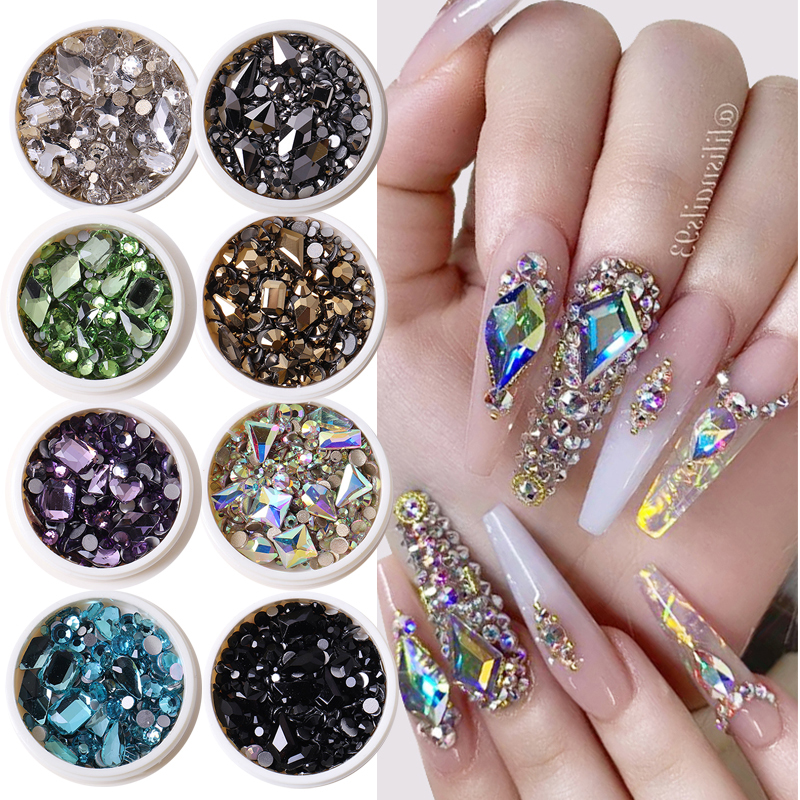 1Box Acrylic Rhinestones Nail Gem 3D Mixed Size Shape Crysta