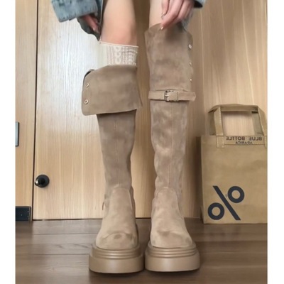 日本品质厚底过膝靴女2025秋冬新款小个子绒面瘦瘦长靴复古两穿高