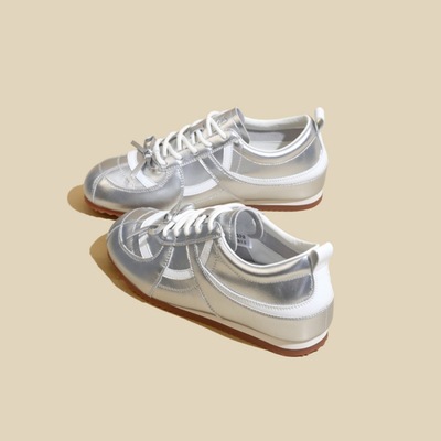 日本品质韩系银色德训鞋女2025夏季新款蝴蝶结内增高运动板鞋芭蕾