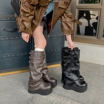 日本品质高级感厚底裤管靴女2025春季新款增高小个子粗腿堆堆长筒