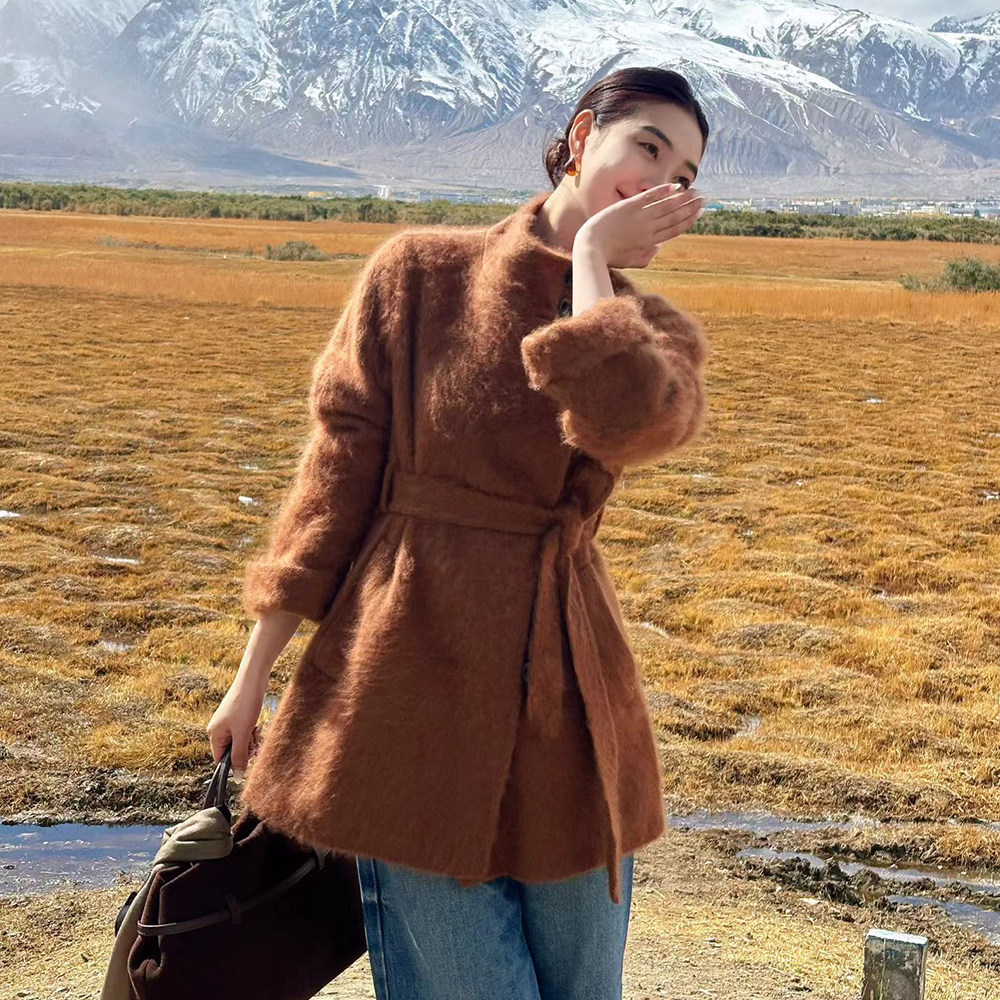 山羊绒拉绒蓬松雾感绵羊毛山羊绒立领拉毛皮草羊绒大衣冬女高级感