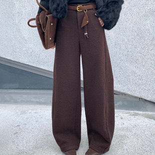 时尚豹纹中性风弯刀裤2025冬季新款热卖女裤羊毛混纺加绒休闲裤女